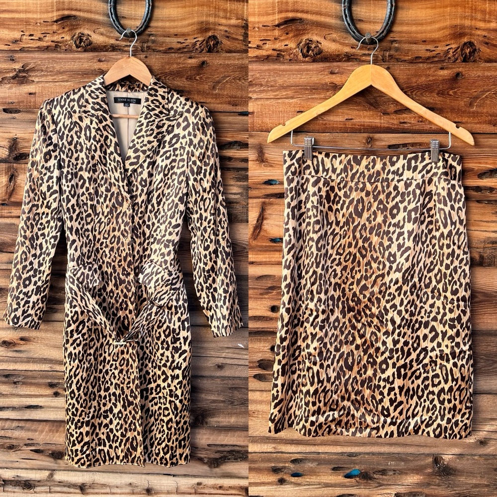 ANNE KLEIN | 100% Silk Leopard Print Women's Skirt & Belted Jacket Set 10P Y2K